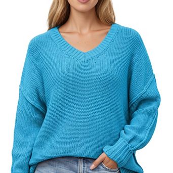 Women's V-Neck Relaxed Fit Knit Sweater with Long Sleeves