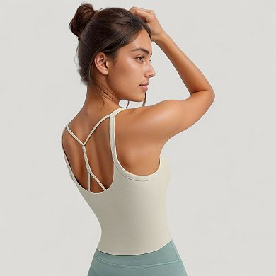 Women's Strappy Back Longline Activewear Tank Top with Scoop Neckline and Built-In Bra Support