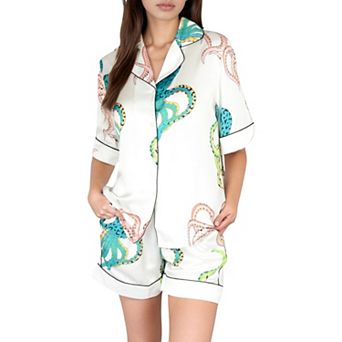 Women's Short Sleeve Button Front Satin Pajama Set with Ocean Print Design