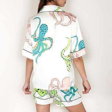 Women's Short Sleeve Button Front Satin Pajama Set with Ocean Print Design