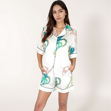 Women's Short Sleeve Button Front Satin Pajama Set with Ocean Print Design