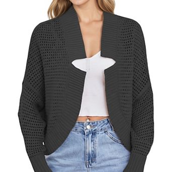 Women's Open Front Long Sleeve Knit Cardigan with Textured Hollow-Out Design
