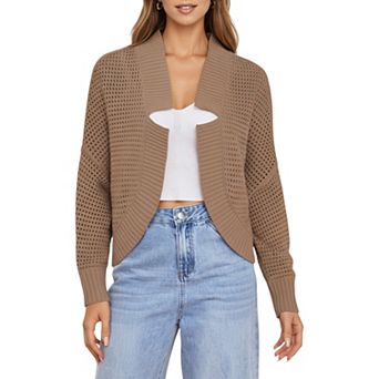 Women's Open Front Long Sleeve Knit Cardigan with Textured Hollow-Out Design