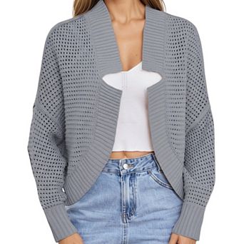 Women's Open Front Long Sleeve Knit Cardigan with Textured Hollow-Out Design
