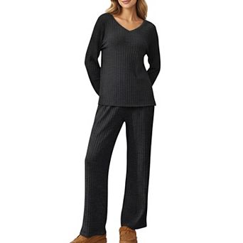 Women's 2 pc Set Off-Shoulder Ribbed Knit Long Sleeve Top and Wide Leg Pants
