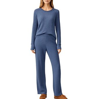 Women's 2 pc Set Off-Shoulder Ribbed Knit Long Sleeve Top and Wide Leg Pants