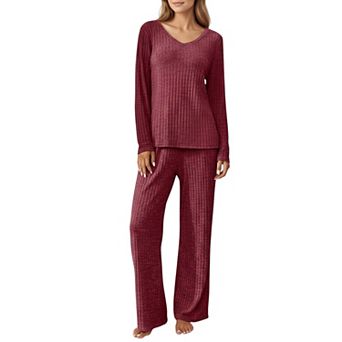 Women's 2 pc Set Off-Shoulder Ribbed Knit Long Sleeve Top and Wide Leg Pants