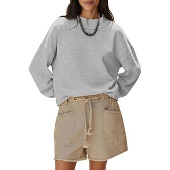 Women's Long Sleeve Crew Neck Pullover Top with Relaxed Fit and Ribbed Cuffs