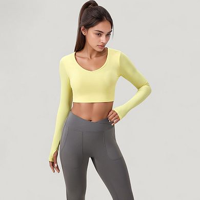 Women's Long Sleeve V-Neck Cropped Active Top with Thumbhole Cuffs and Stretch Fit for Workouts