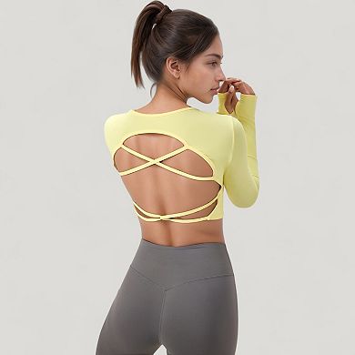 Women's Long Sleeve V-Neck Cropped Active Top with Thumbhole Cuffs and Stretch Fit for Workouts