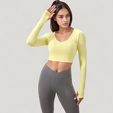 Women's Long Sleeve V-Neck Cropped Active Top with Thumbhole Cuffs and Stretch Fit for Workouts
