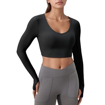 Women's Long Sleeve V-Neck Cropped Active Top with Thumbhole Cuffs and Stretch Fit for Workouts