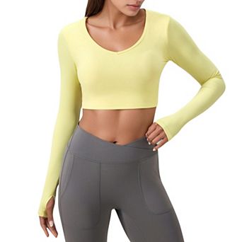 Women's Long Sleeve V-Neck Cropped Active Top with Thumbhole Cuffs and Stretch Fit for Workouts