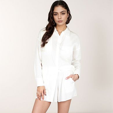 Women's 3-Piece Matching Set with Oversized Button-Up Shirt, Drawstring Shorts, and Triangle Top