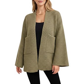 Women's Open Front Long Sleeve Textured Knit Cardigan with Relaxed Fit