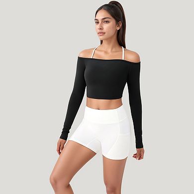 Women's Off Shoulder Long Sleeve Activewear Crop Top with Lightweight Stretch Fabric