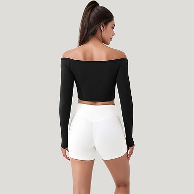 Women's Off Shoulder Long Sleeve Activewear Crop Top with Lightweight Stretch Fabric