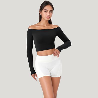 Women's Off Shoulder Long Sleeve Activewear Crop Top with Lightweight Stretch Fabric