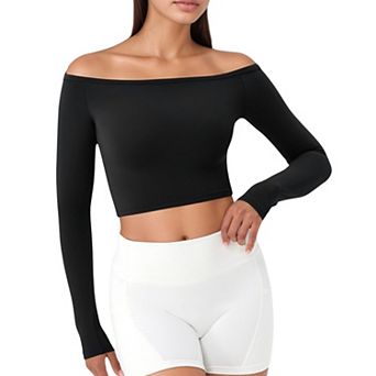 Women's Off Shoulder Long Sleeve Activewear Crop Top with Lightweight Stretch Fabric