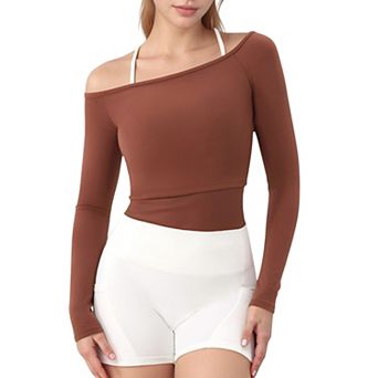 Women's Off Shoulder Long Sleeve Activewear Crop Top with Lightweight Stretch Fabric