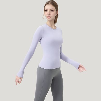 Women's Long Sleeve Fitted Activewear Top with Crew Neck and Thumbhole Cuffs