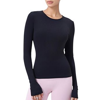 Women's Long Sleeve Fitted Activewear Top with Crew Neck and Thumbhole Cuffs