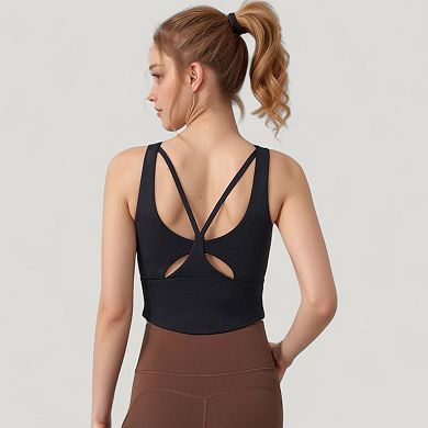 Women's Scoop Neck Cropped Tank Top with Strappy Cutout Back and Ruched Side Detailing