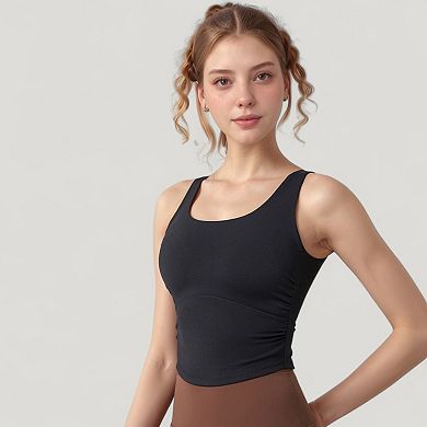 Women's Scoop Neck Cropped Tank Top with Strappy Cutout Back and Ruched Side Detailing