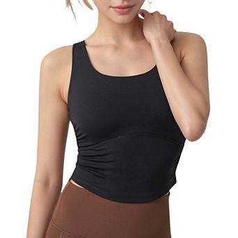 Women's Scoop Neck Cropped Tank Top with Strappy Cutout Back and Ruched Side Detailing