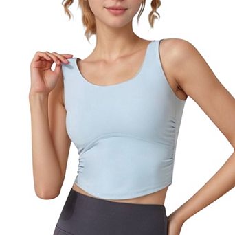 Women's Scoop Neck Cropped Tank Top with Strappy Cutout Back and Ruched Side Detailing