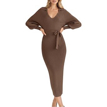 Women's Long Sleeve Ribbed Knit Midi Dress with V-Neck and Waist Tie