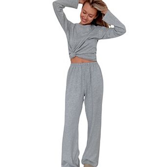 Women's Long Sleeve Relaxed Top and Wide Leg Pants Two-Piece Loungewear Set