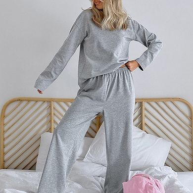 Women's Long Sleeve Relaxed Top and Wide Leg Pants Two-Piece Loungewear Set