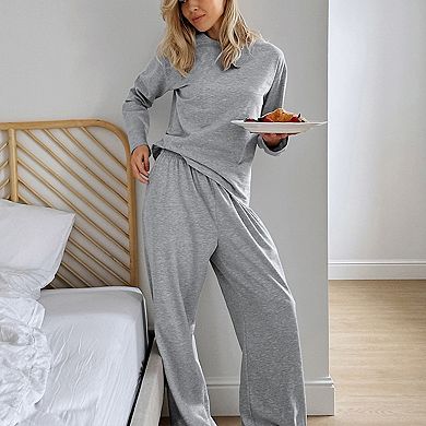 Women's Long Sleeve Relaxed Top and Wide Leg Pants Two-Piece Loungewear Set