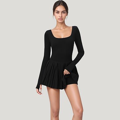 Women's Long Sleeve Pleated Skirt Active Dress with Scoop Neckline
