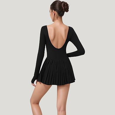 Women's Long Sleeve Pleated Skirt Active Dress with Scoop Neckline