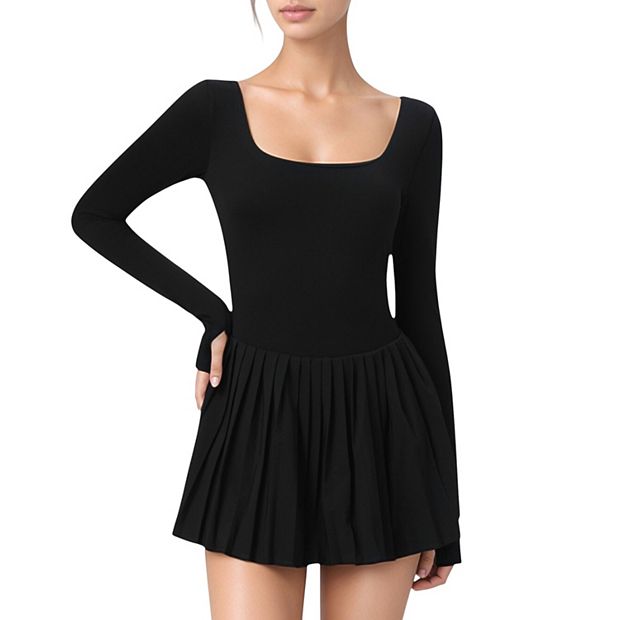 black long sleeve pleated dress Plain Long Sleeve Pleated Dress main image 1