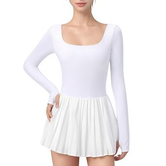 Women's Long Sleeve Pleated Skirt Active Dress with Scoop Neckline