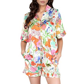 Women's Short Sleeve Button Front Satin Pajama Set with Woodland Print Design