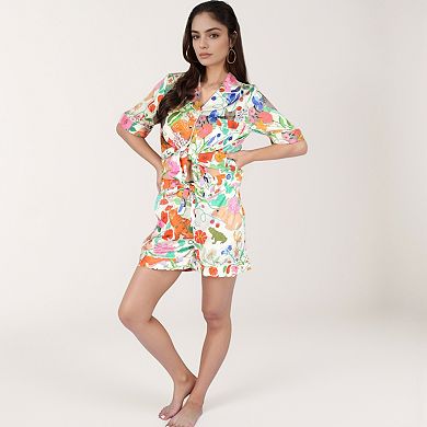 Women's Short Sleeve Button Front Satin Pajama Set with Woodland Print Design