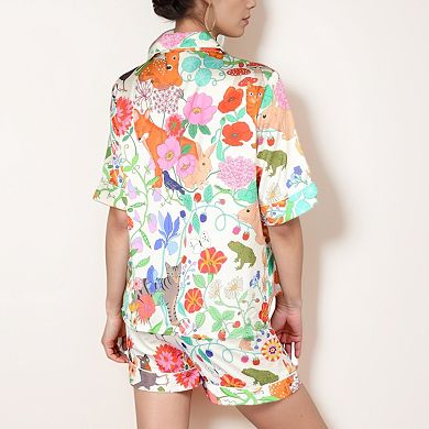 Women's Short Sleeve Button Front Satin Pajama Set with Woodland Print Design