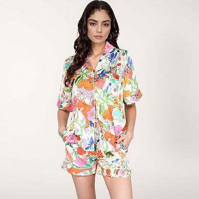 Women's Short Sleeve Button Front Satin Pajama Set with Woodland Print Design