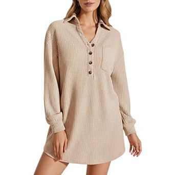 Women's Waffle Knit Long Sleeve Shirt Dress with Button Front and Collared Neckline