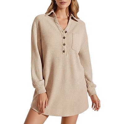Anna-Kaci Women's Waffle Knit Long Sleeve Shirt Dress with Button Front and Collared Neckline, XL 16-18 / Beige