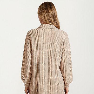 Women's Waffle Knit Long Sleeve Shirt Dress with Button Front and Collared Neckline