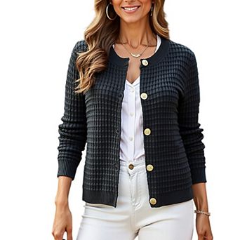 Women's Textured Knit Button-Front Cardigan with Long Sleeves and Ribbed Trim
