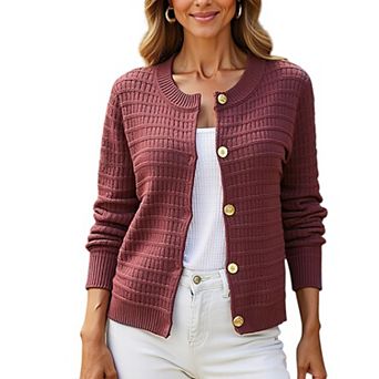 Women's Textured Knit Button-Front Cardigan with Long Sleeves and Ribbed Trim