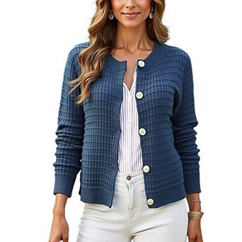 Women's Textured Knit Button-Front Cardigan with Long Sleeves and Ribbed Trim
