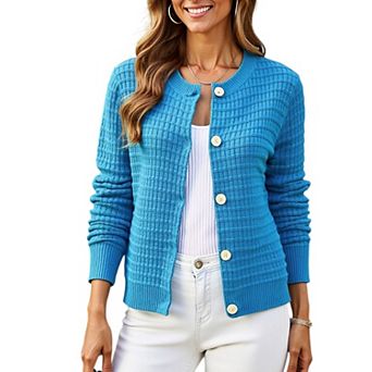 Women's Textured Knit Button-Front Cardigan with Long Sleeves and Ribbed Trim