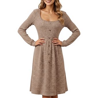Women's Long Sleeve Ribbed Knit A-Line Dress with Button Front Detail